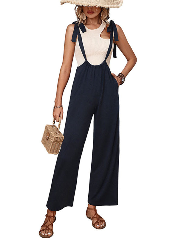 Casual strappy overalls with wide-leg pants and hat