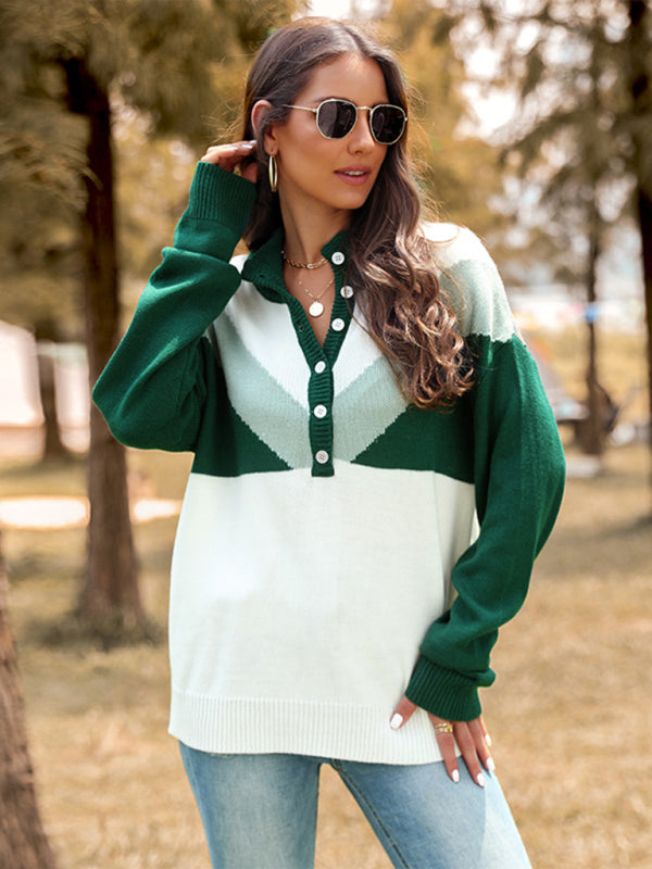 Nouveau Couleur bloc revers bouton pull à manches longues pull