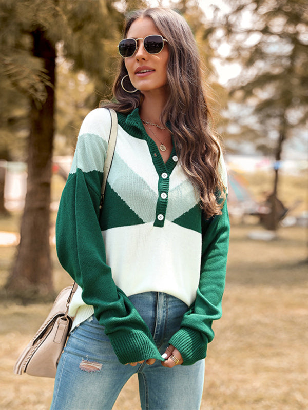Nouveau Couleur bloc revers bouton pull à manches longues pull