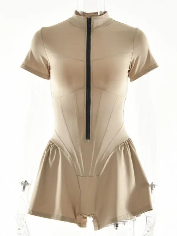 Front view of beige short sleeve jumpsuit