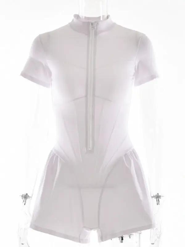White short sleeve zipper bottoming jumpsuit