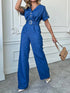 Blue V-neck short-sleeved jumpsuit with belt