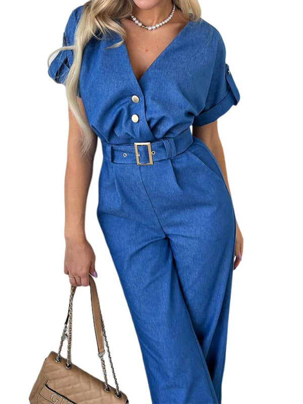 Stylish blue V-neck jumpsuit with buttons and belt