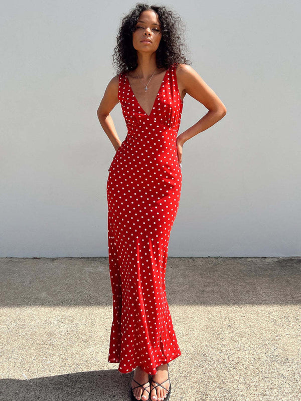 Damen-Fischschwanzkleid mit gepunktetem Hosenträger und V-Ausschnitt