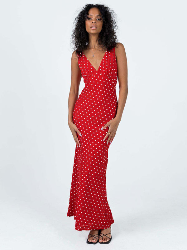Damen-Fischschwanzkleid mit gepunktetem Hosenträger und V-Ausschnitt