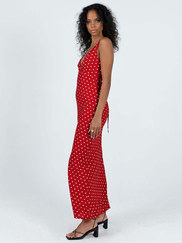 Damen-Fischschwanzkleid mit gepunktetem Hosenträger und V-Ausschnitt