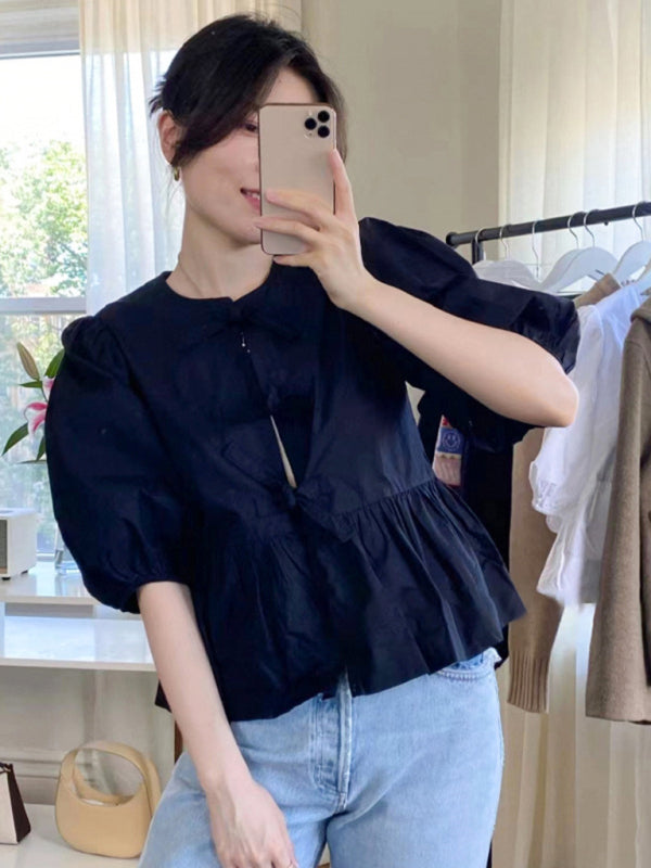Damen-Hemdbluse mit Puffärmeln zum Binden und Taille