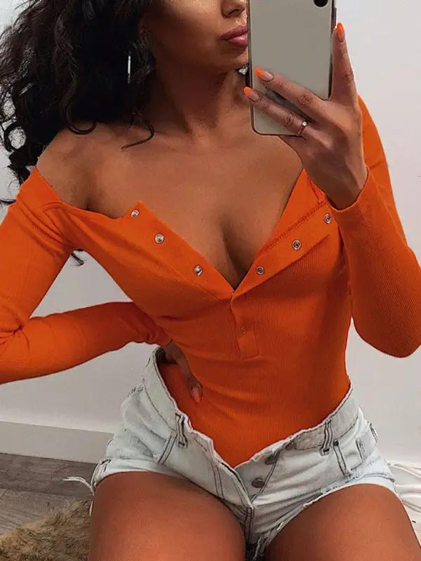 Casual orange bodysuit, buttoned long sleeves