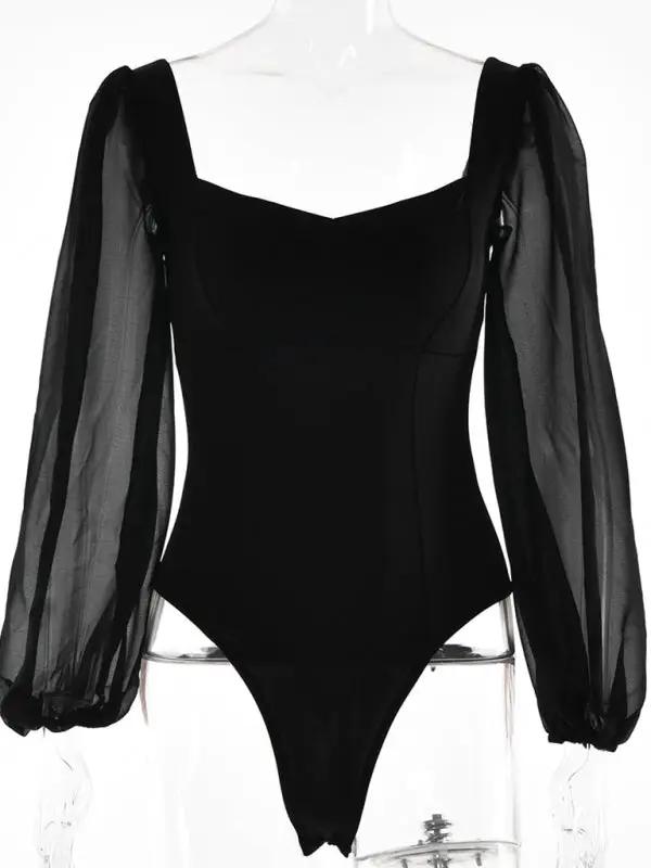 Black square neck backless long sleeve bodysuit