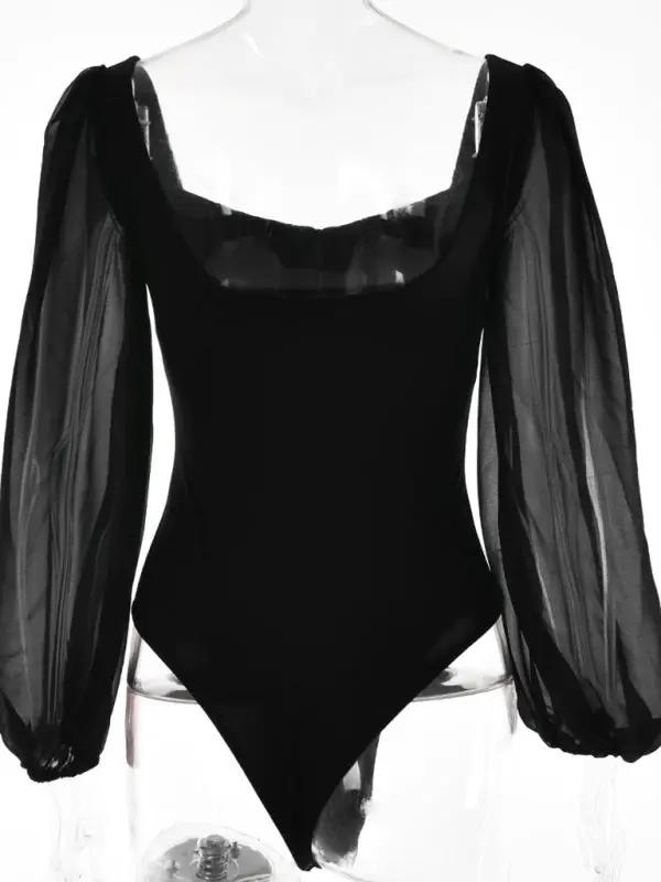 Back view of black square neck long sleeve bodysuit