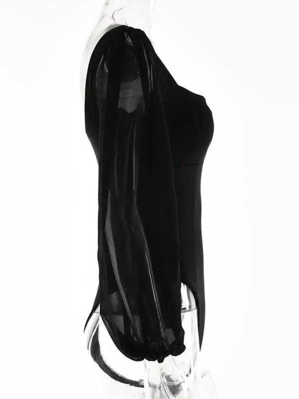 Side view of black square neck long sleeve bodysuit