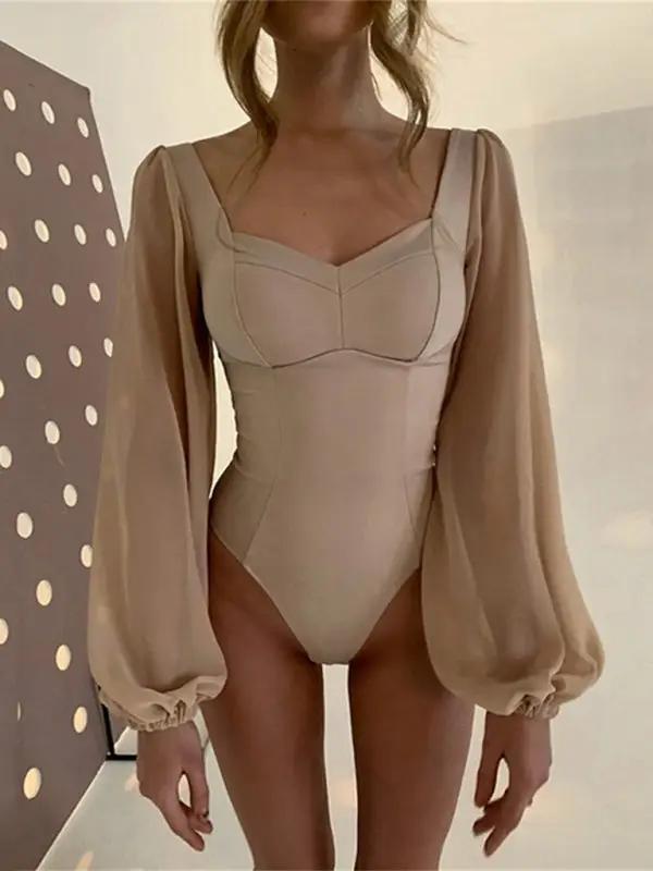 Model in beige square neck backless bodysuit
