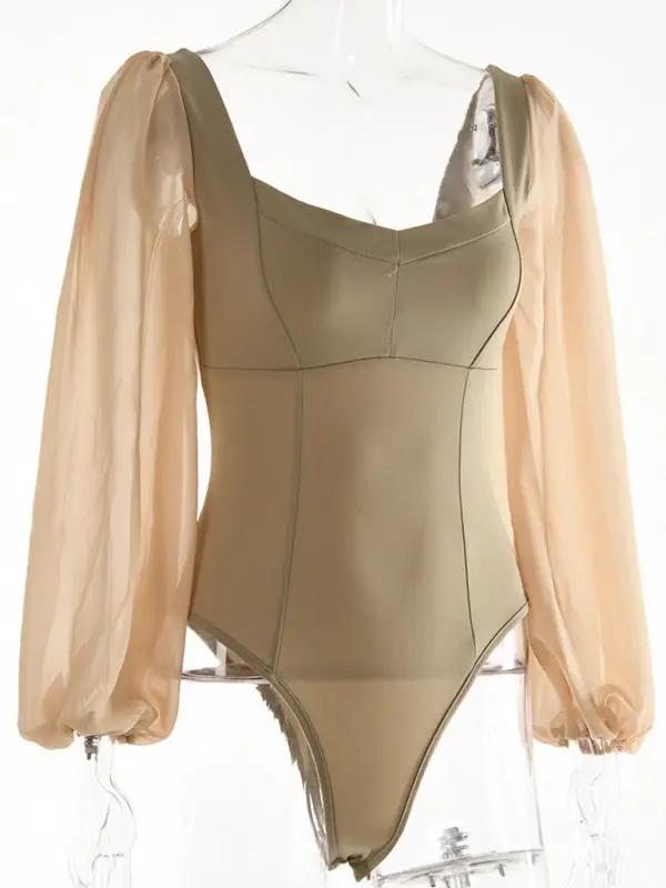 Side view of olive square neck long sleeve bodysuit