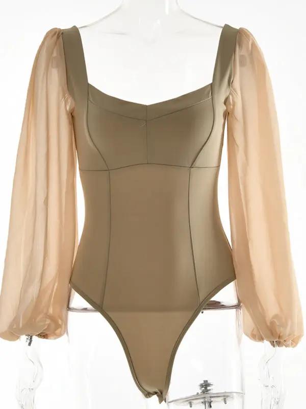 Olive square neck backless long sleeve bodysuit
