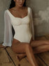 White square neck backless long sleeve bodysuit