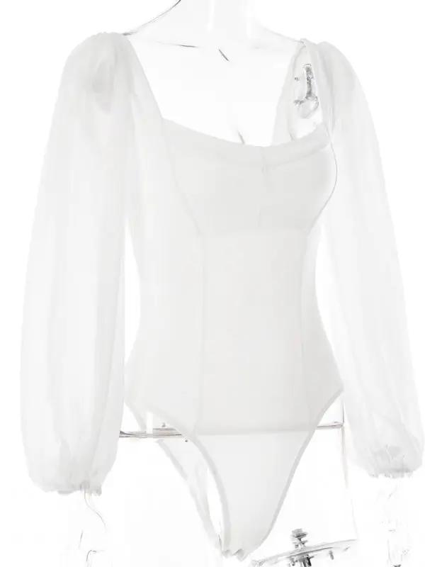Side view of white square neck long sleeve bodysuit