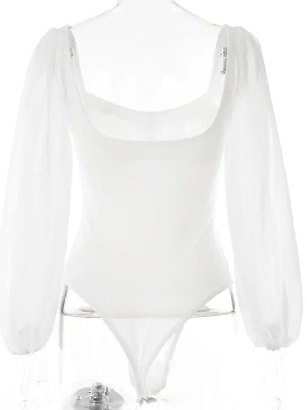 Back view of white square neck long sleeve bodysuit