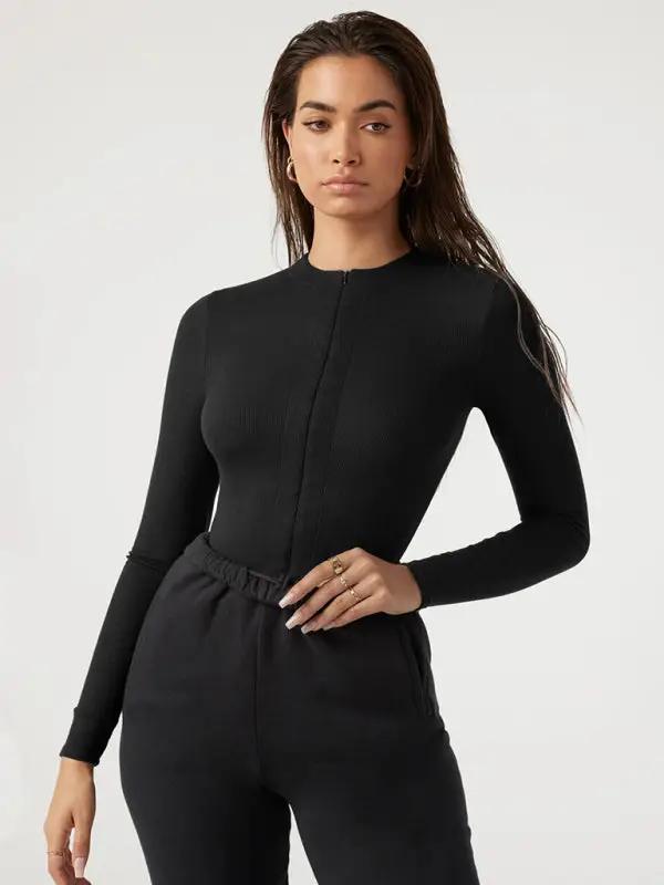 Black zippered placket sexy long sleeves bodysuit