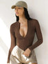 Brown zippered placket sexy long sleeves bodysuit