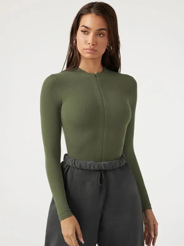 Green zippered placket sexy long sleeves bodysuit
