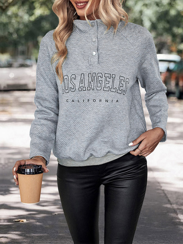 Nouveau Sweat-shirt à revers et boutons lettrés à manches longues pour femmes
