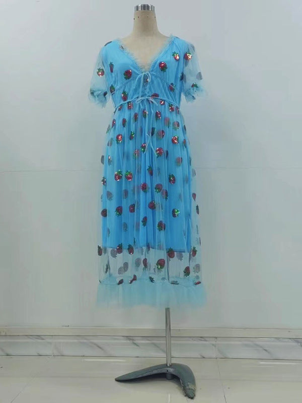 Neues französisches Erdbeerkleid für Damen mit zweifarbigem, paillettenbesetztem, langem Mesh-Träger-Faltenkleid