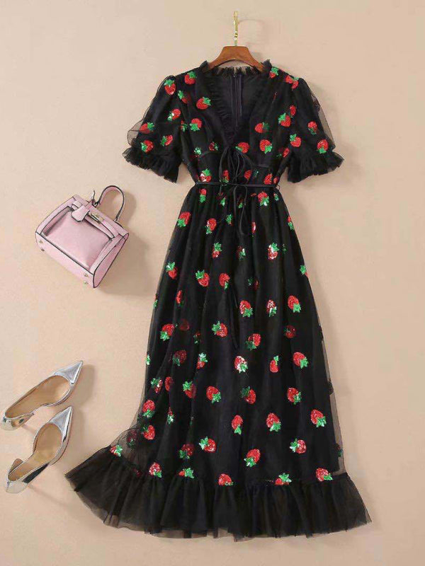 Nouvelle jupe longue à paillettes bicolore fraise française pour femmes, robe plissée à bretelles en maille