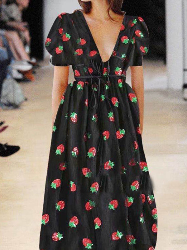 Nouvelle jupe longue à paillettes bicolore fraise française pour femmes, robe plissée à bretelles en maille