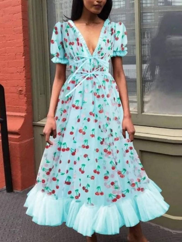 Neues französisches Erdbeerkleid für Damen mit zweifarbigem, paillettenbesetztem, langem Mesh-Träger-Faltenkleid