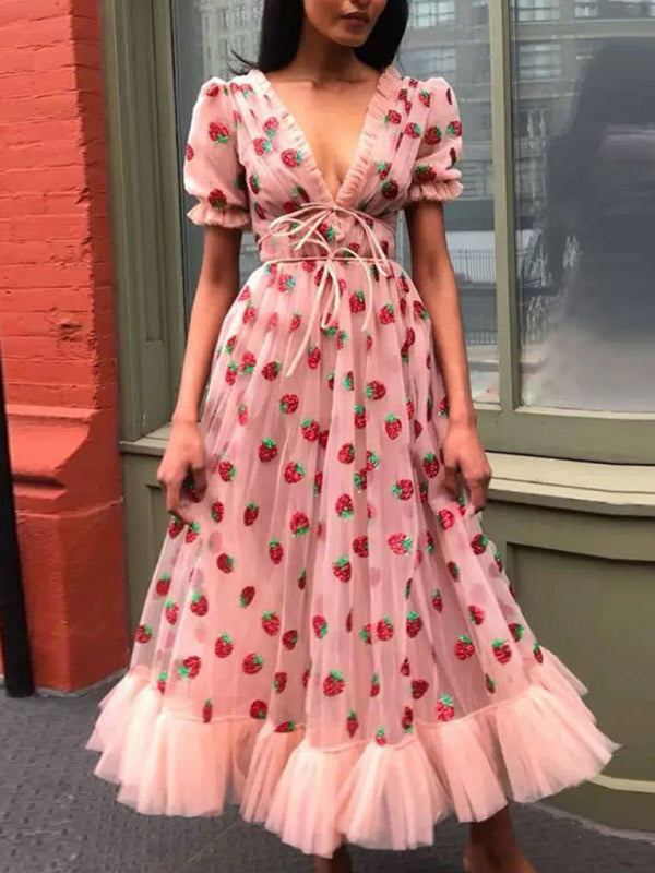 Neues französisches Erdbeerkleid für Damen mit zweifarbigem, paillettenbesetztem, langem Mesh-Träger-Faltenkleid