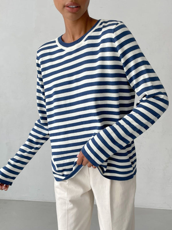 Pull ample rayé à manches longues et col rond pour femme