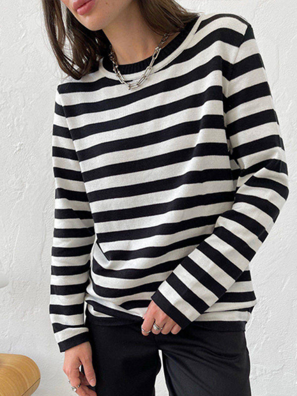 Pull ample rayé à manches longues et col rond pour femme