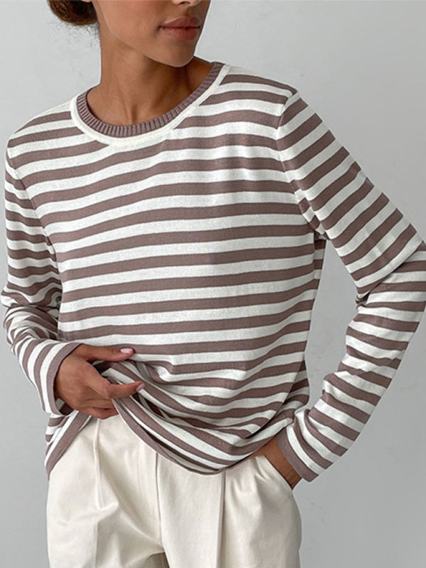 Pull ample rayé à manches longues et col rond pour femme