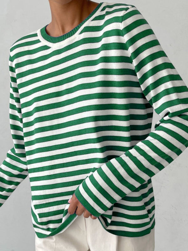 Pull ample rayé à manches longues et col rond pour femme