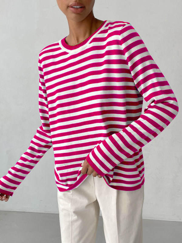Pull ample rayé à manches longues et col rond pour femme