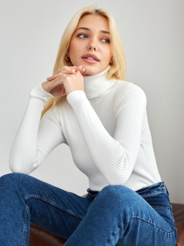 Pull slim à manches longues et col haut pour femme