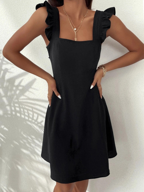 Neue Hosenträger im pastoralen Stil, süßer kurzer Rock, temperamentvolles Pendelurlaubs-Strandkleid