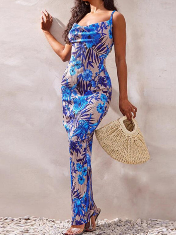 Robe longue à bretelles plissée et imprimée pour femmes, nouvelle collection