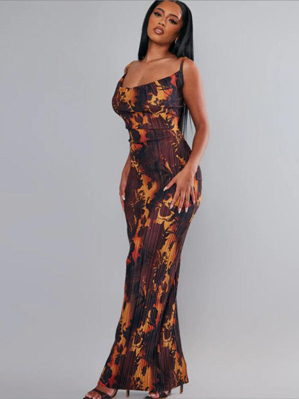 Robe longue à bretelles plissée et imprimée pour femmes, nouvelle collection