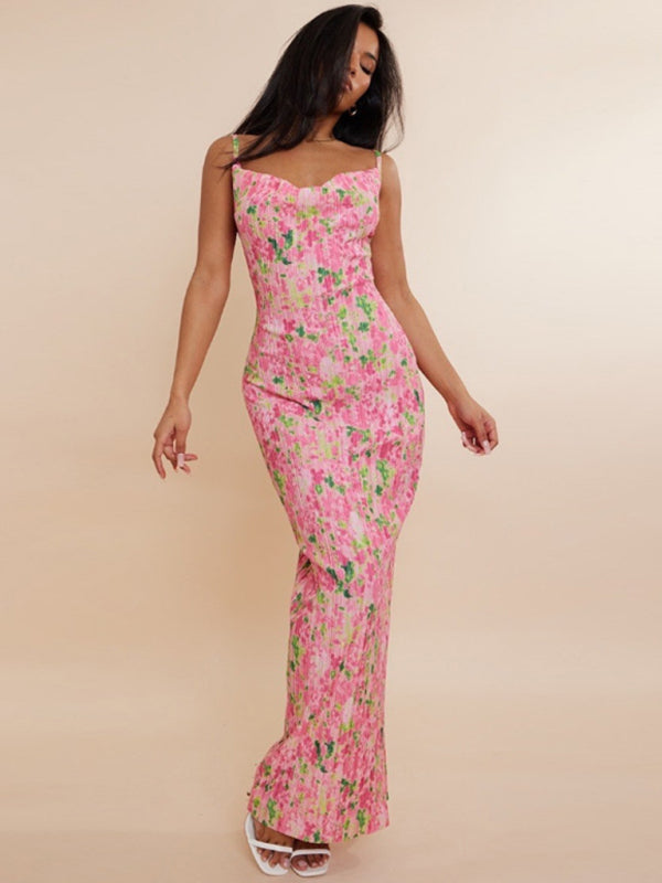 Robe longue à bretelles plissée et imprimée pour femmes, nouvelle collection