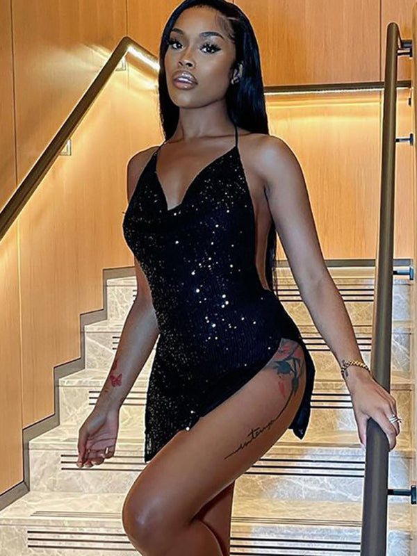 Sexy backless hollow halter neck figure-flattering short women&