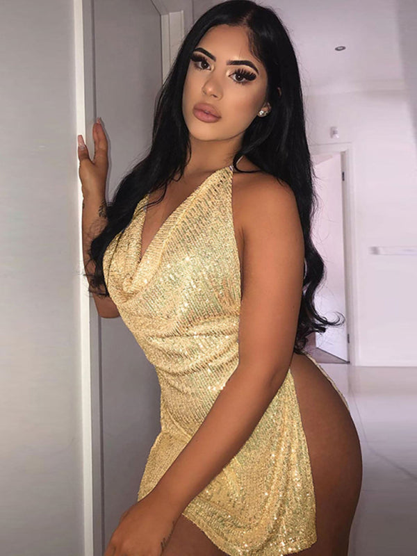Sexy backless hollow halter neck figure-flattering short women&