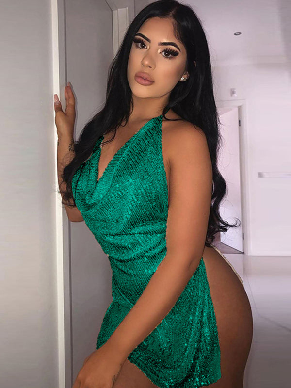 Sexy backless hollow halter neck figure-flattering short women&