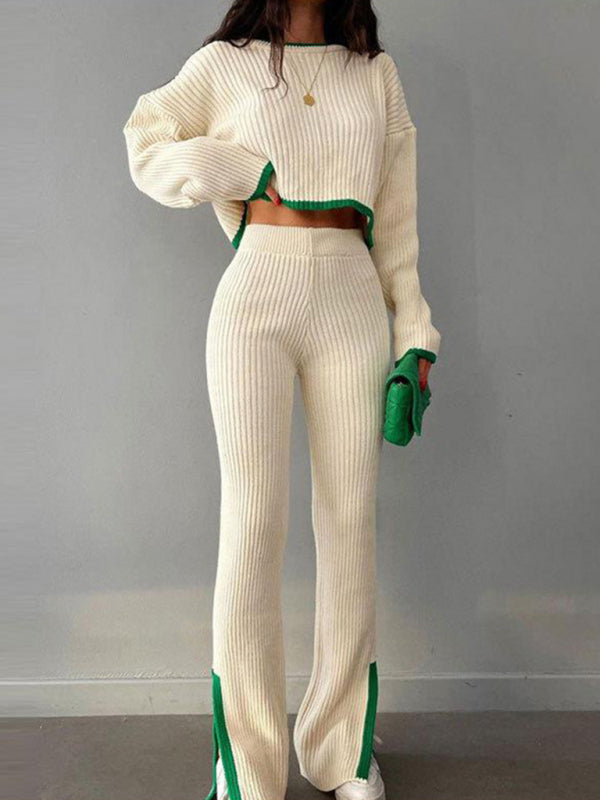 Zweiteiliges Set aus Pullover in Kontrastfarbe für Herbst und Winter mit Schlitz, elastischer Taille und weiten Hosen