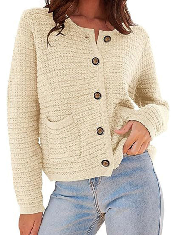 New round neck knitted commuter retro autumn casual cardigan long sleeve women&