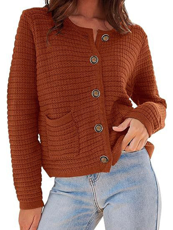 New round neck knitted commuter retro autumn casual cardigan long sleeve women&