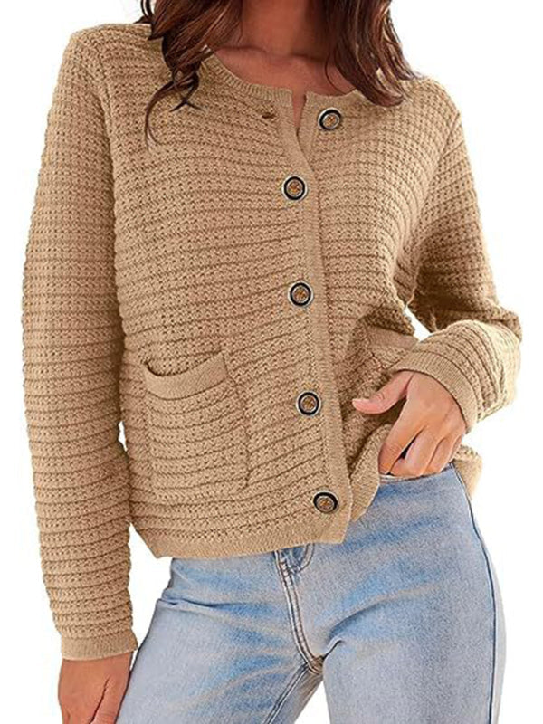 New round neck knitted commuter retro autumn casual cardigan long sleeve women&