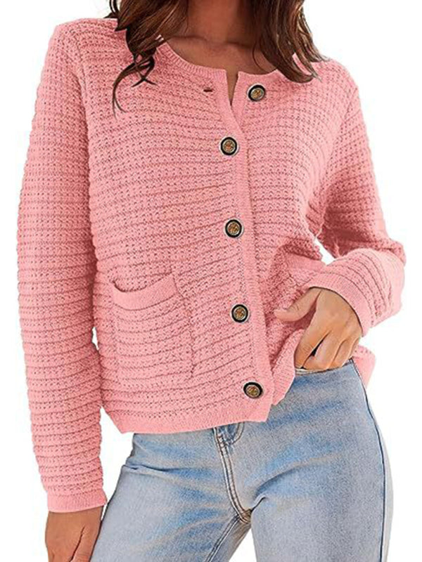 New round neck knitted commuter retro autumn casual cardigan long sleeve women&
