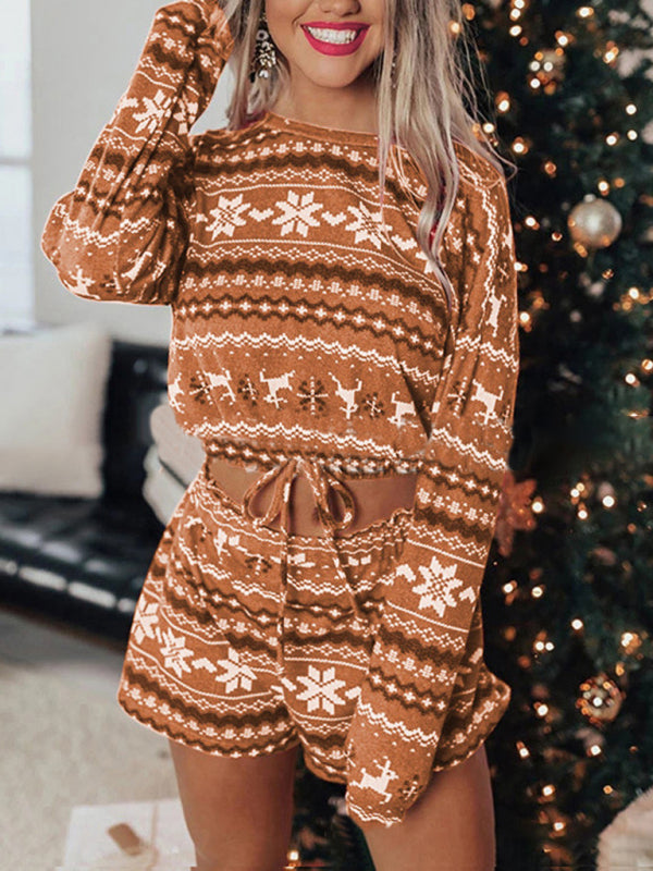 Weihnachts-Set aus langärmeligem Sweatshirt und Shorts für Damen