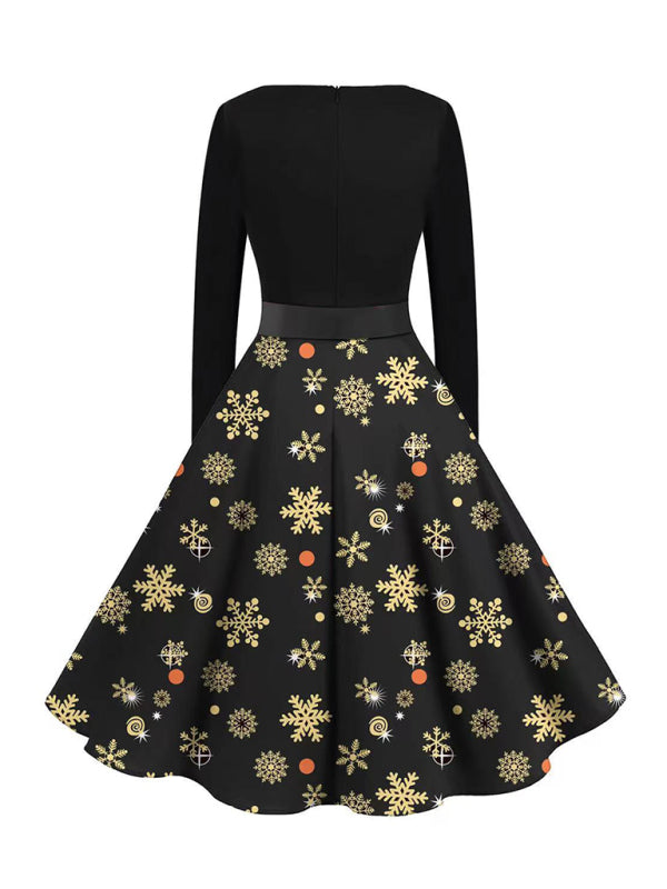 Christmas long-sleeved slim round neck printed dress